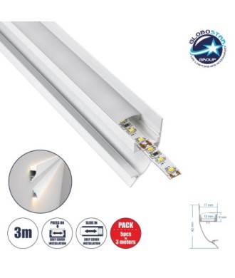 GloboStar® SURFACE-PROFILE 70858-3M Προφίλ Αλουμινίου - Βάση & Ψύκτρα Ταινίας LED με Λευκό Γαλακτερό Κάλυμμα - Επιφανειακή Χρήση Δημιουργίας Κρυφού Φωτισμού - Πατητό Κάλυμμα - Λευκό - 3 Μέτρα - Πακέτο 5 Τεμαχίων - Μ300 x Π1.7 x Υ4.2cm